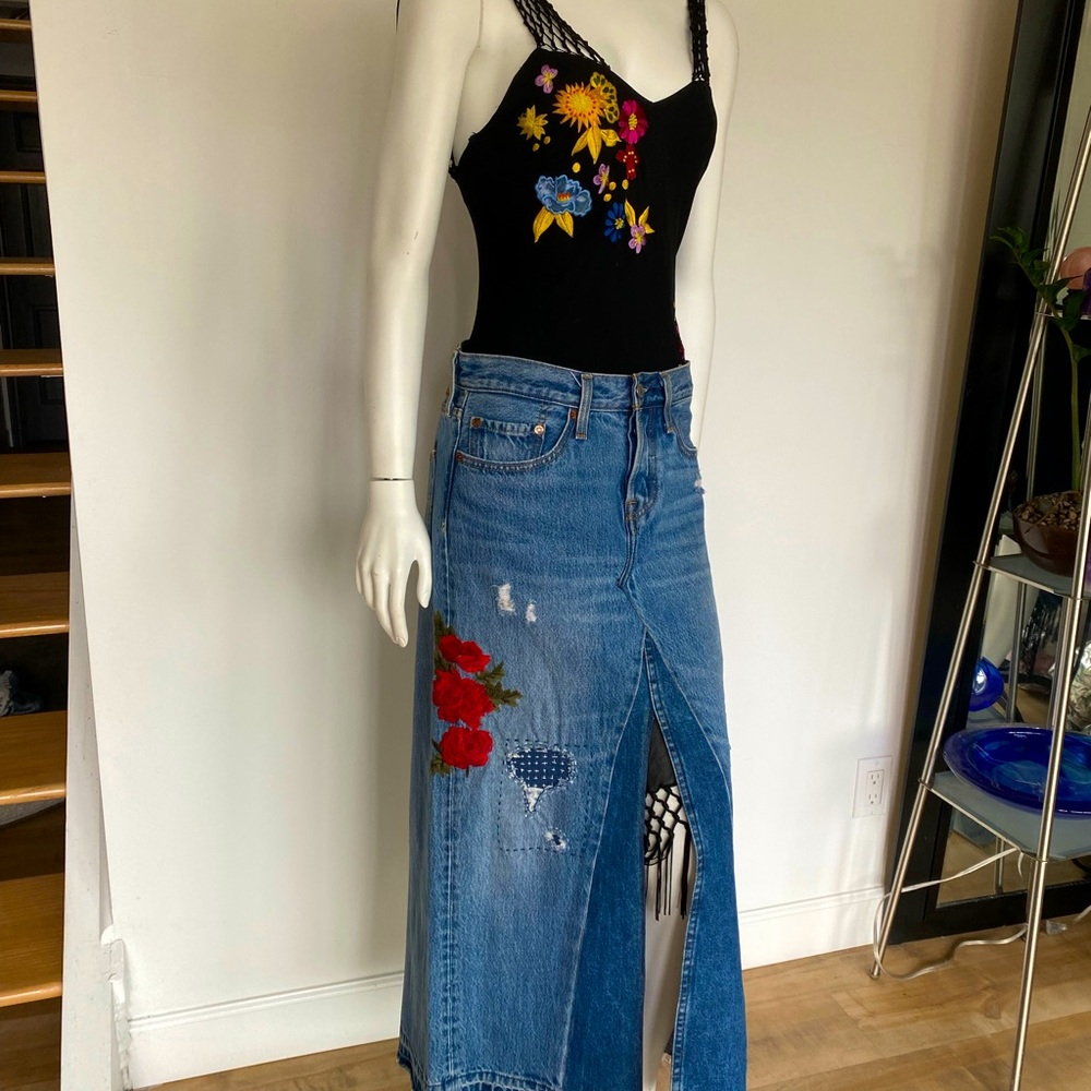 One of kind upcycled 501s maxi skirt with rosé embroidery